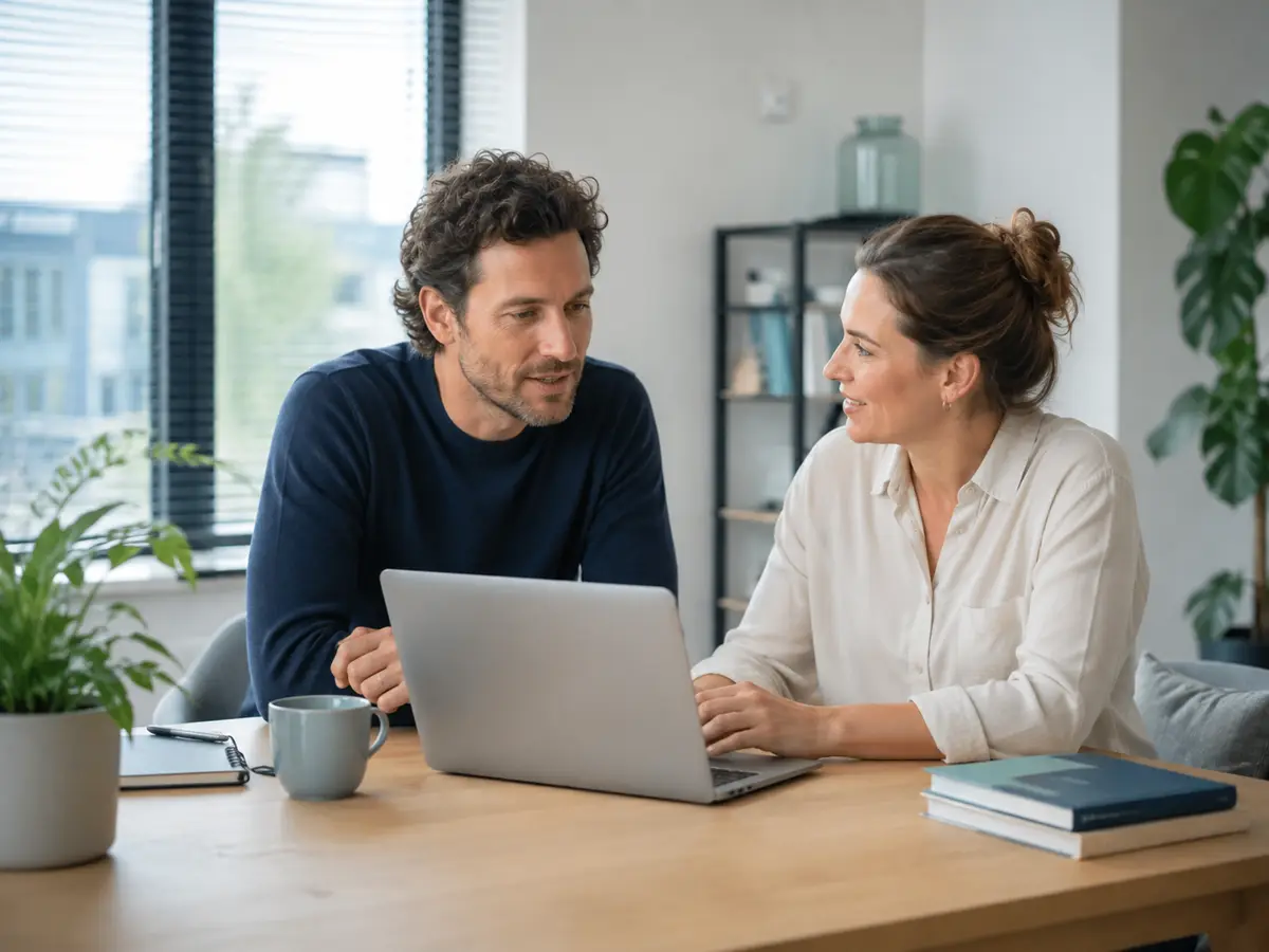 Ondernemer en online boekhouder bekijken samen de administratie op een laptop