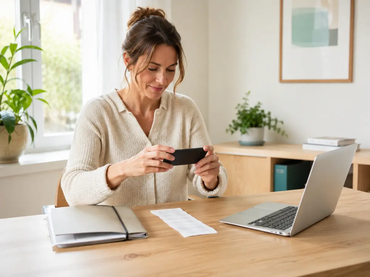 Onderneemster scant een bonnetje met de Myfinance-app op haar telefoon